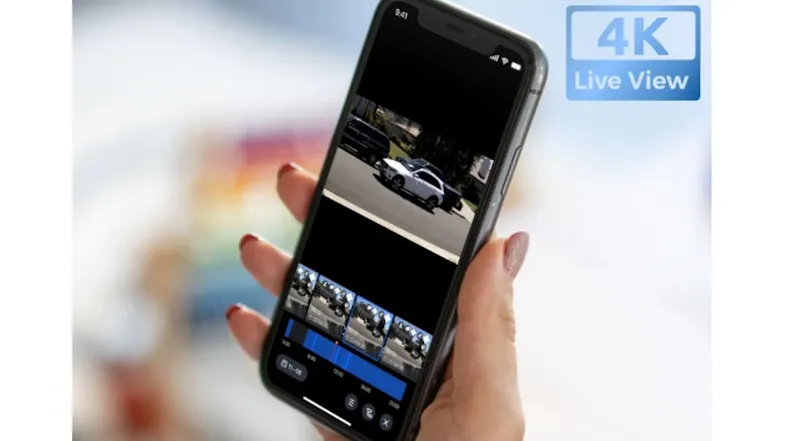 A phone displaying a 4K live view of security footage A phone displaying a 4K live view of security footage