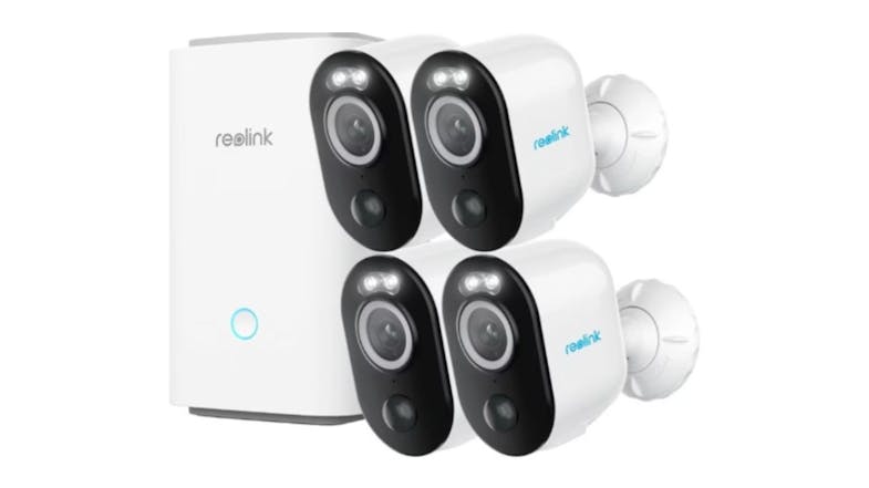 Reolink security system with four spotlight cameras and a base station Reolink security system with four spotlight cameras and a base station