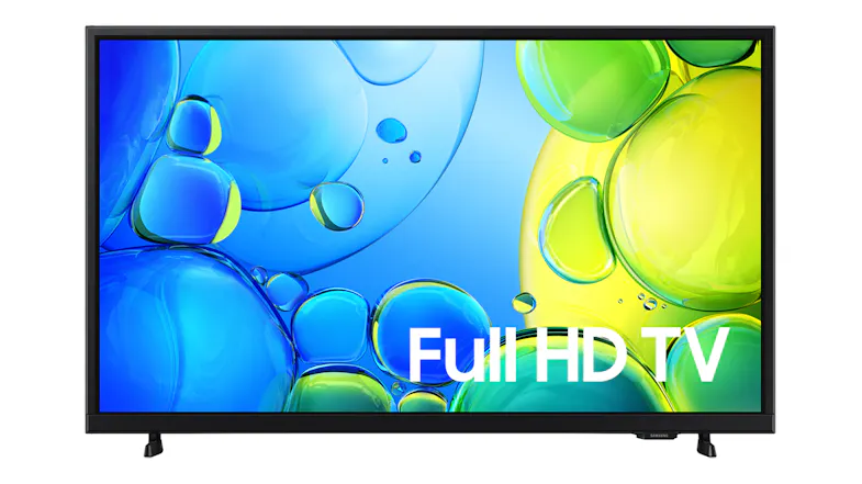 Straight-on view of a Samsung Smart LED TV showing vivid blue and green bubble graphics and “Full HD TV” text Straight-on view of a Samsung Smart LED TV showing vivid blue and green bubble graphics and “Full HD TV” text