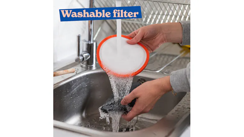 A promotional graphic of the cylinder vacuum showcasing a washable filter A promotional graphic of the cylinder vacuum showcasing a washable filter