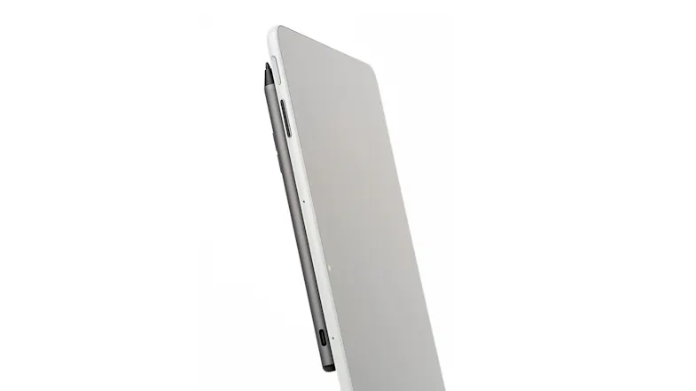 A stylus pen with two side buttons attached to a tablet's rear A stylus pen with two side buttons attached to a tablet's rear