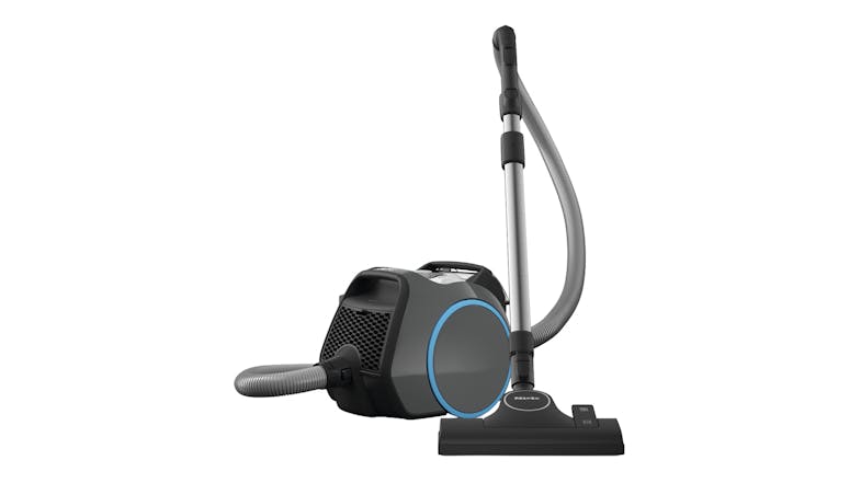 Miele Boost CX1 PowerLine vacuum cleaner in graphite grey with hose, metal wand, and floorhead attached Miele Boost CX1 PowerLine vacuum cleaner in graphite grey with hose, metal wand, and floorhead attached