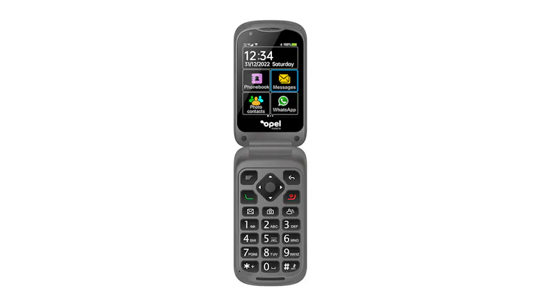 Opel Mobile TouchFlip 4G flip phone open, showing large keypad with physical buttons and a colour screen Opel Mobile TouchFlip 4G flip phone open, showing large keypad with physical buttons and a colour screen