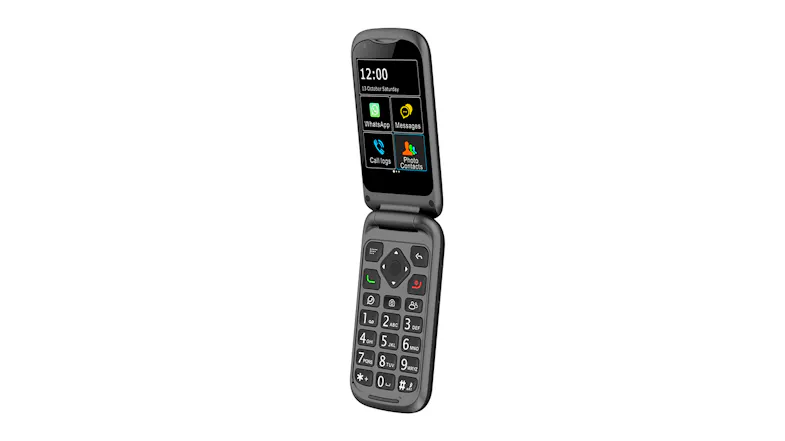 Opel flip phone angled view, open with large tactile keypad and screen Opel flip phone angled view, open with large tactile keypad and screen