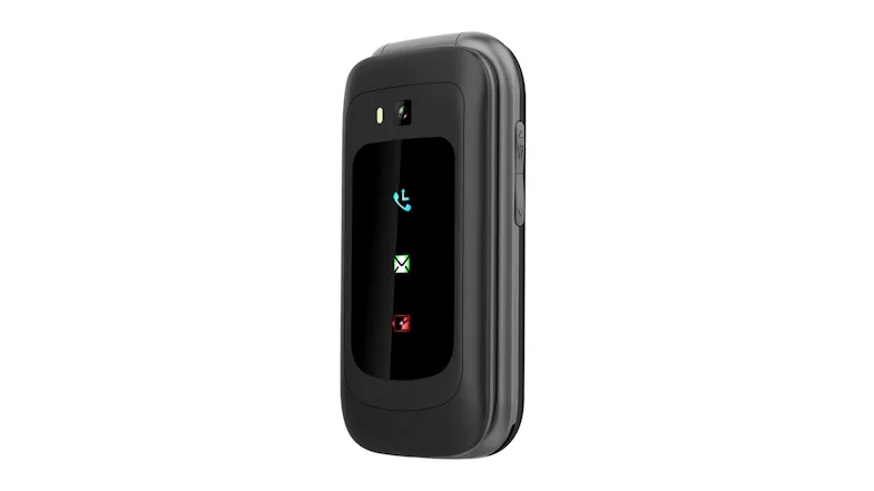 Closed TouchFlip 4G phone, side view with external screen showing call, message, and battery icons Closed TouchFlip 4G phone, side view with external screen showing call, message, and battery icons