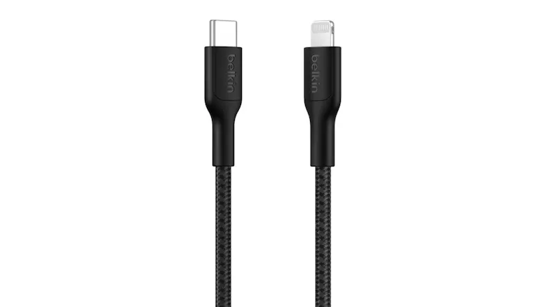 Belkin BoostCharge Pro cable with USB-C and Lightning ends displayed side by side Belkin BoostCharge Pro cable with USB-C and Lightning ends displayed side by side