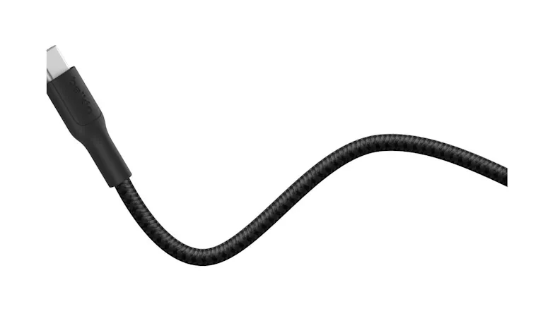 Single view of cable showing USB-C connector and braided black cord in a curved shape Single view of cable showing USB-C connector and braided black cord in a curved shape