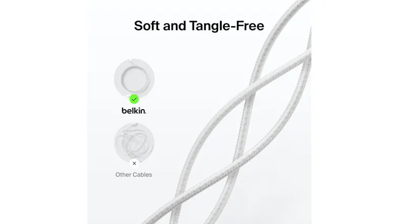 White Belkin braided cable with text “Soft and Tangle-Free,” showing neat Belkin cable versus tangled generic cable White Belkin braided cable with text “Soft and Tangle-Free,” showing neat Belkin cable versus tangled generic cable