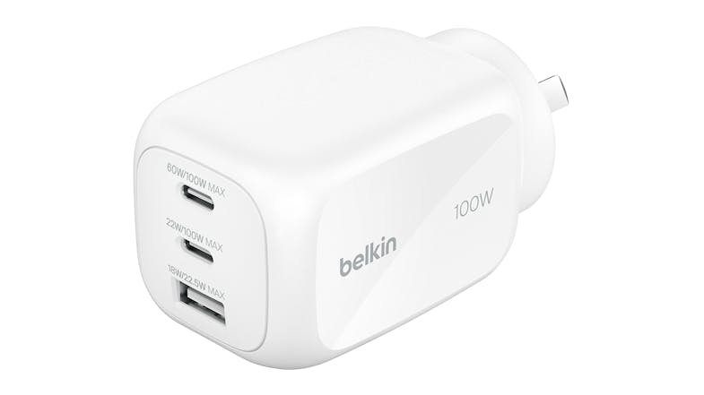 Belkin BoostCharge Pro 100W 3-Port GaN Wall Charger in a sleek white colour Belkin BoostCharge Pro 100W 3-Port GaN Wall Charger in a sleek white colour