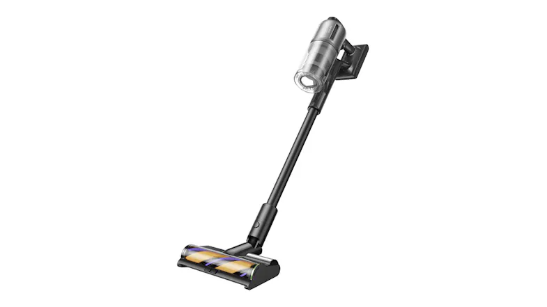 Cordless vacuum with transparent bin and striped brush head Cordless vacuum with transparent bin and striped brush head