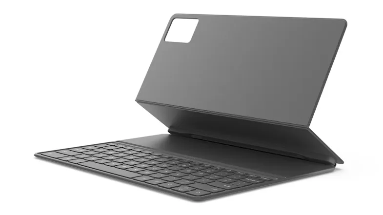 Tablet folio case set up in a propped-up viewing angle with the keyboard flat Tablet folio case set up in a propped-up viewing angle with the keyboard flat