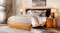 Wooden Nelson’s king bed frame with a black upholstered headboard and checkered duvet and pillows Wooden Nelson’s king bed frame with a black upholstered headboard and checkered duvet and pillows