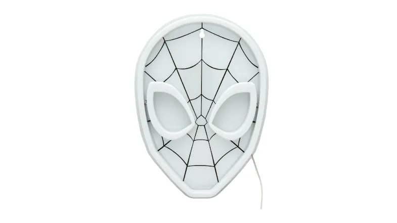 Close-up of the Spider-Man Light unlit, showing white mask outline, black web lines, and USB cable Close-up of the Spider-Man Light unlit, showing white mask outline, black web lines, and USB cable