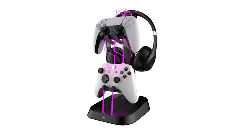 PowerPlay USB Headset and Controller Stand holding a PS5 and an Xbox controller, illuminated with magenta LED lighting PowerPlay USB Headset and Controller Stand holding a PS5 and an Xbox controller, illuminated with magenta LED lighting