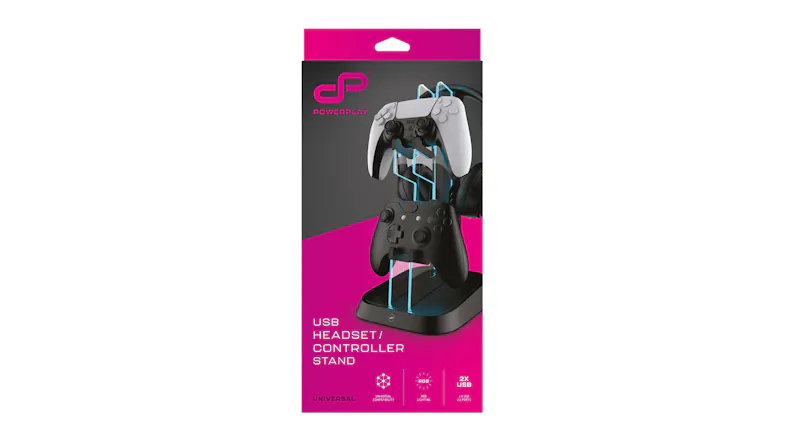 Retail packaging for the PowerPlay USB Stand, showing a black and pink design Retail packaging for the PowerPlay USB Stand, showing a black and pink design