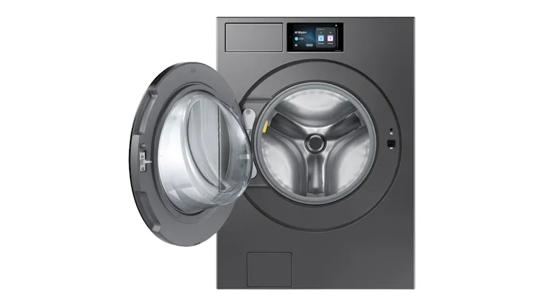 An open washer with an AI Wash display and a visible stainless drum An open washer with an AI Wash display and a visible stainless drum