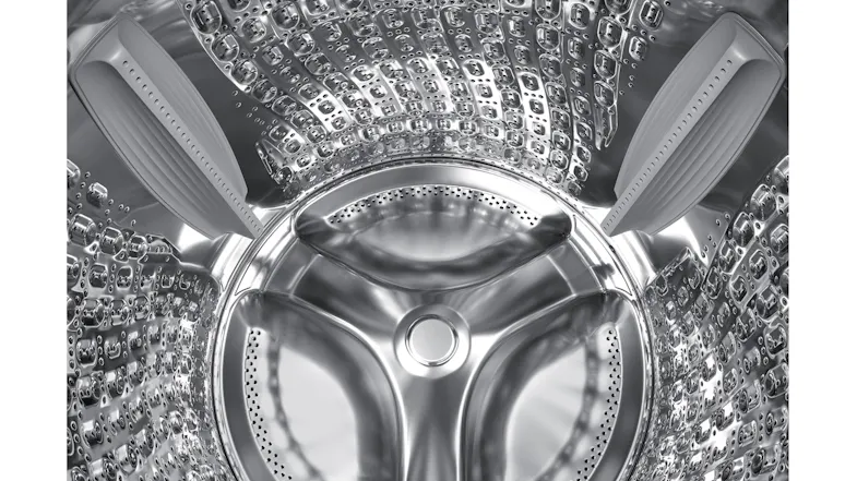 Washer drum interior with perforations and three grey baffles Washer drum interior with perforations and three grey baffles
