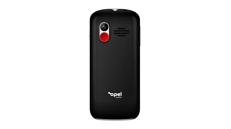 Back of an Opel Mobile phone with a camera and a red emergency button Back of an Opel Mobile phone with a camera and a red emergency button