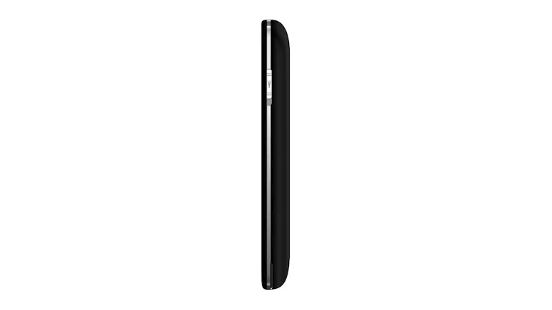 Right side view of phone with a single button and a curved black edge Right side view of phone with a single button and a curved black edge