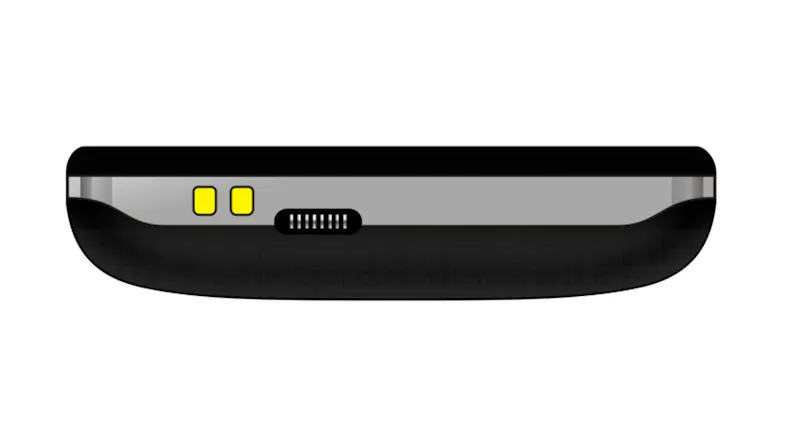 Bottom of the phone with a charging port and yellow LED elements Bottom of the phone with a charging port and yellow LED elements