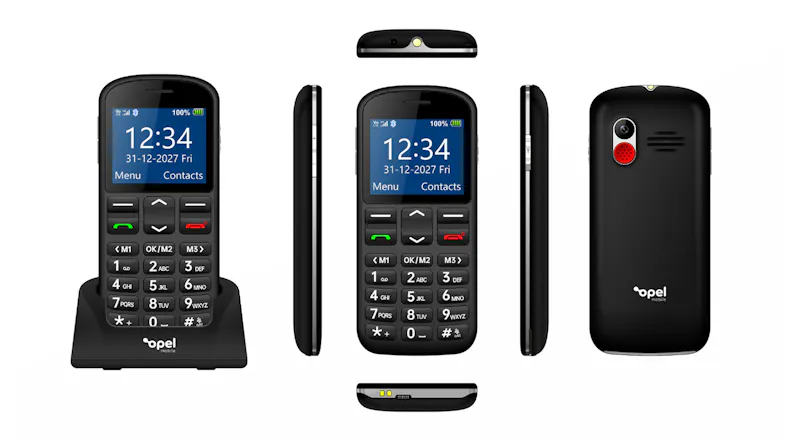 Multi-angle views of the Opel Mobile phone with dock, keypad, and emergency button Multi-angle views of the Opel Mobile phone with dock, keypad, and emergency button