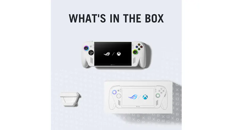 The portable gaming console and a stand are pictured next to the product's box outline The portable gaming console and a stand are pictured next to the product's box outline