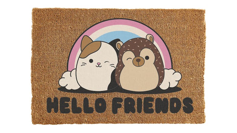 An adorable IM Novelty Doormat with Squishmallow design and Hello Friends text An adorable IM Novelty Doormat with Squishmallow design and Hello Friends text