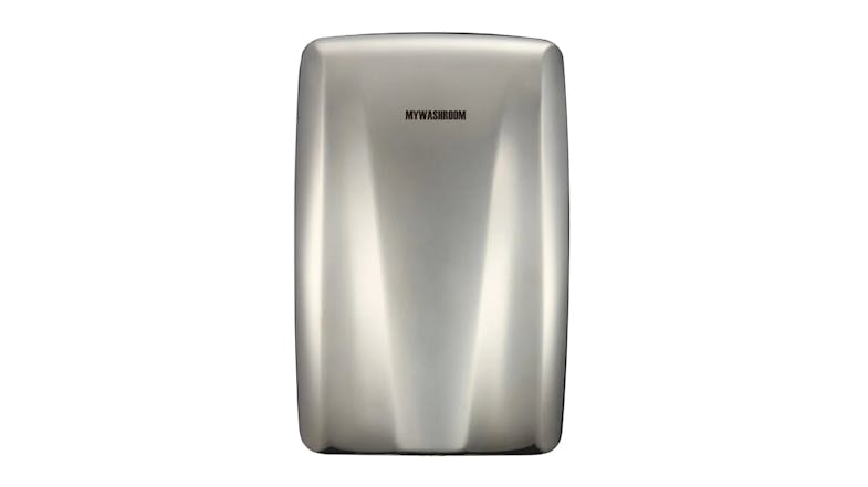 A front view of the MyWashroom Commercial Compact High-Speed Hand Dryer A front view of the MyWashroom Commercial Compact High-Speed Hand Dryer