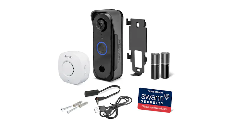 Swann 4K doorbell kit with chime, batteries, cables, and sticker Swann 4K doorbell kit with chime, batteries, cables, and sticker