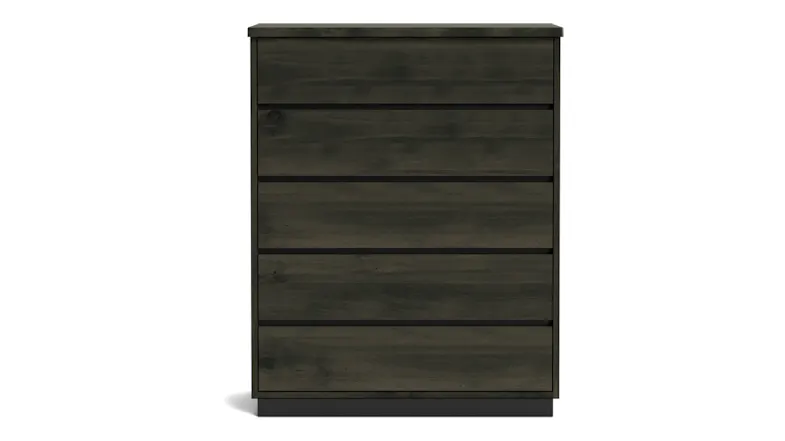Front view of a vertical dresser in greywash finish with five drawers and a black base Front view of a vertical dresser in greywash finish with five drawers and a black base