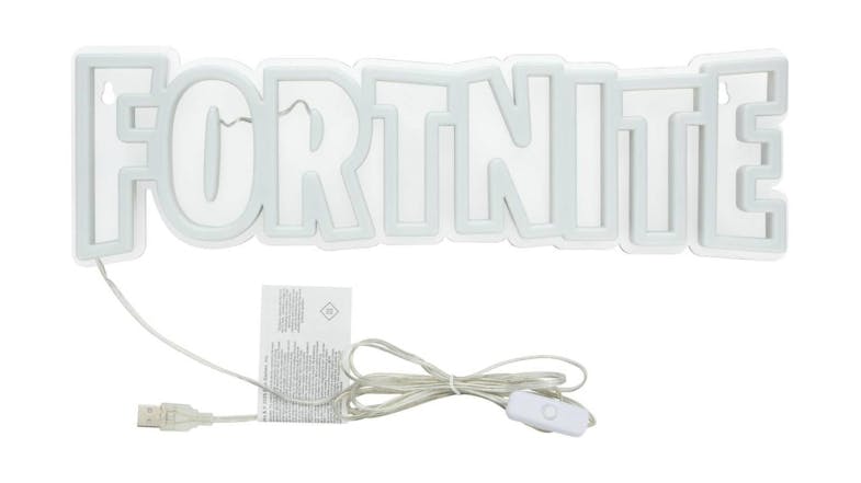 Fortnite LED Neon Light in white outline spelling “FORTNITE,” shown with attached USB cable and inline power switch Fortnite LED Neon Light in white outline spelling “FORTNITE,” shown with attached USB cable and inline power switch