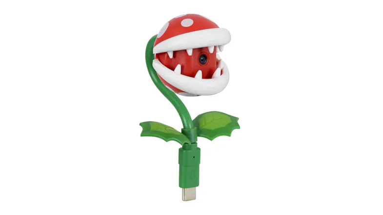 Piranha Plant webcam head and stem with leaves, showing a male USB-C connector at the base Piranha Plant webcam head and stem with leaves, showing a male USB-C connector at the base