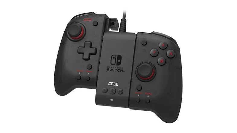 Close-up of the HORI Split Pad Pro Attachment showing analog sticks, D-pad, and wired connection for Switch Close-up of the HORI Split Pad Pro Attachment showing analog sticks, D-pad, and wired connection for Switch