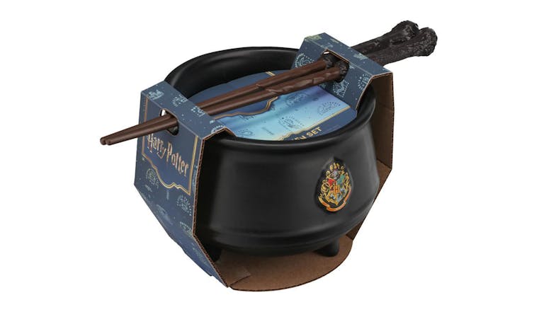 Harry Potter Cauldron Ramen Bowl Set packaged with the wand chopsticks tucked into the card Harry Potter Cauldron Ramen Bowl Set packaged with the wand chopsticks tucked into the card