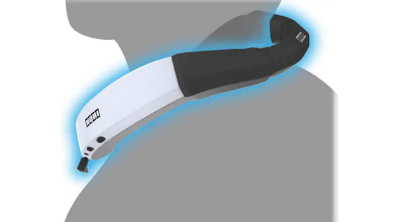 HORI 3D Surround Gaming Neckset is shown worn around the neck, highlighting its ergonomic design and blue glow effect HORI 3D Surround Gaming Neckset is shown worn around the neck, highlighting its ergonomic design and blue glow effect
