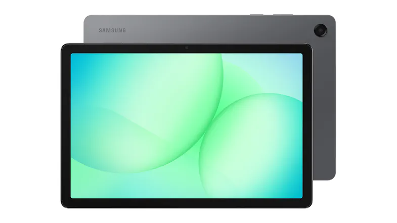 Front and back views of the Samsung tablet with a stylish grey finish Front and back views of the Samsung tablet with a stylish grey finish