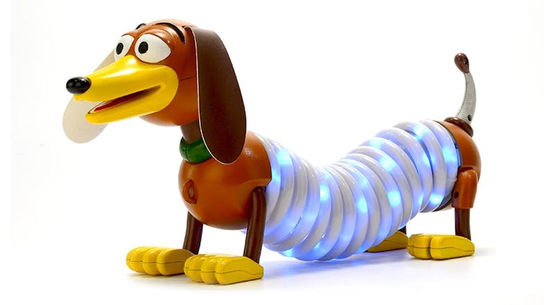Slinky Dog character light with brown head and tail, yellow feet, and spring body glowing with blue LED lights Slinky Dog character light with brown head and tail, yellow feet, and spring body glowing with blue LED lights