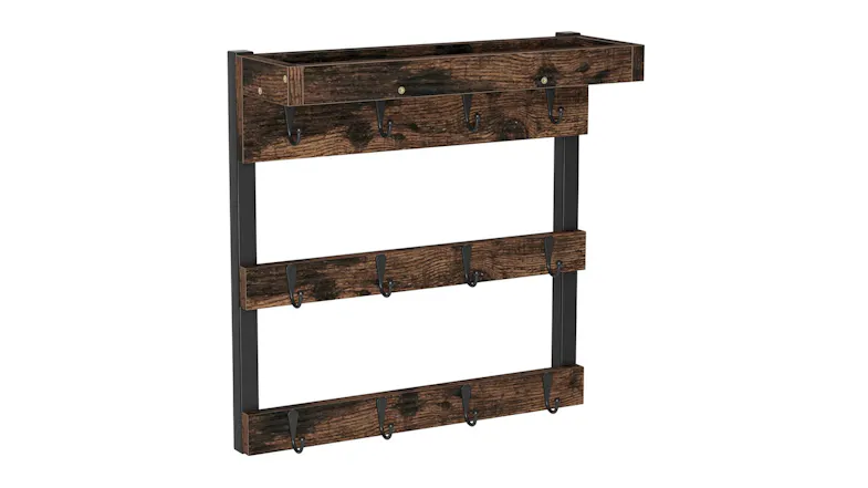 Pretty & Practical rustic dark wood wall-mounted organiser with a top shelf and 12 mug hooks Pretty & Practical rustic dark wood wall-mounted organiser with a top shelf and 12 mug hooks