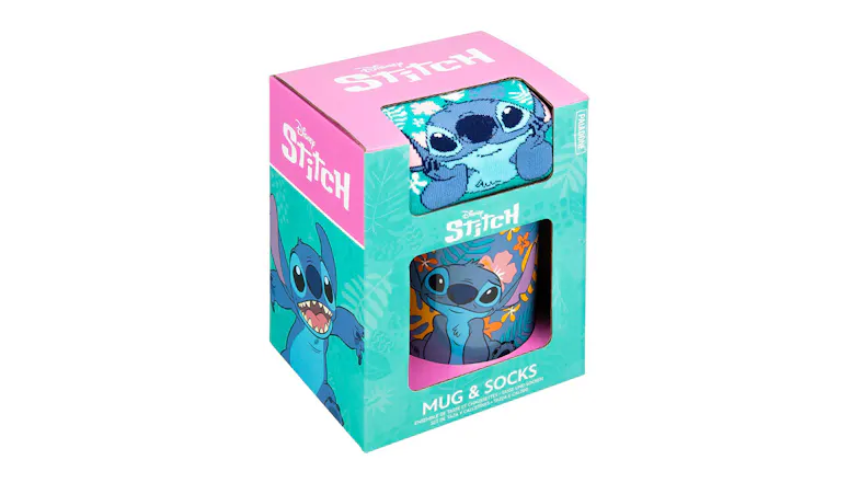 Boxed Stitch mug and socks gift set with colourful packaging Boxed Stitch mug and socks gift set with colourful packaging