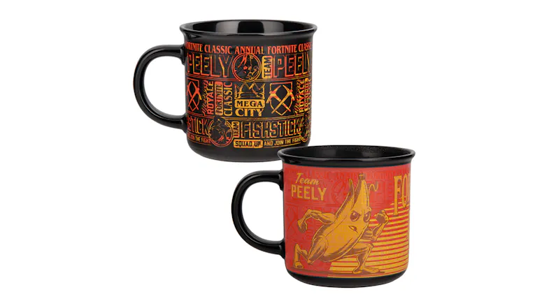 Fortnite Heat Changing Mug side by side; the upper one shows the cold, black pattern, while the lower shows the hot, gold design Fortnite Heat Changing Mug side by side; the upper one shows the cold, black pattern, while the lower shows the hot, gold design