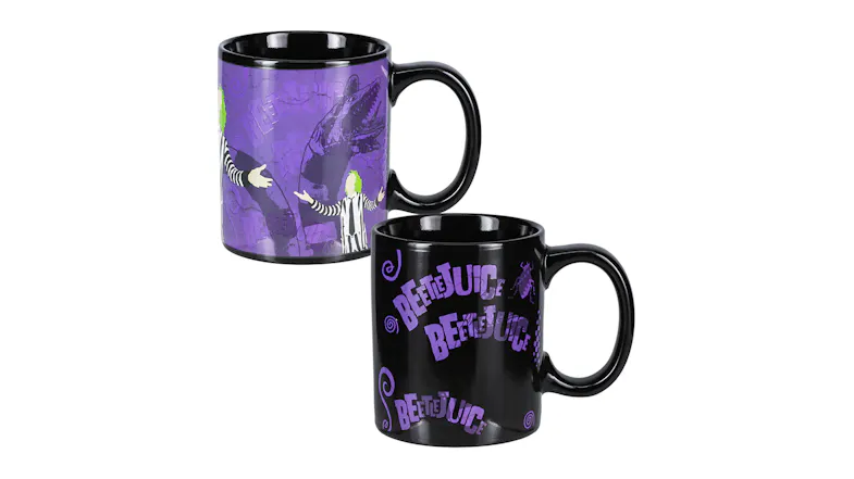 Beetlejuice Heat Changing Mugs side-by-side: the top one is purple (hot) and the bottom one is black (cold) Beetlejuice Heat Changing Mugs side-by-side: the top one is purple (hot) and the bottom one is black (cold)