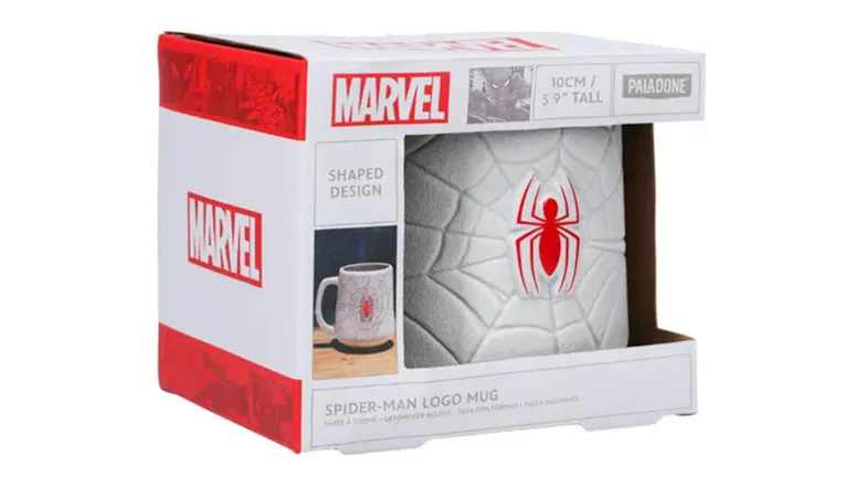 Boxed Spider-Man mug with red logo and web texture Boxed Spider-Man mug with red logo and web texture