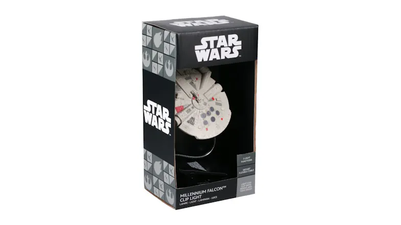 Star Wars Millennium Falcon clip light in a black box with logo and product details visible Star Wars Millennium Falcon clip light in a black box with logo and product details visible