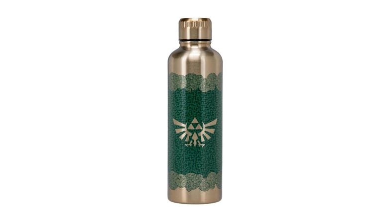 Metal water bottle with green Zelda design featuring Triforce and Hylian crest Metal water bottle with green Zelda design featuring Triforce and Hylian crest