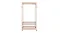 Large bamboo clothing rack with two shelves and side hooks on wheels for easy storage and mobility Large bamboo clothing rack with two shelves and side hooks on wheels for easy storage and mobility