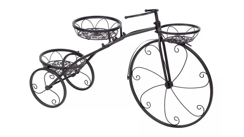 Black metal plant stand shaped like a bicycle with three round basket-style tiers for holding potted plants Black metal plant stand shaped like a bicycle with three round basket-style tiers for holding potted plants