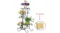 Fully assembled 4-tier plant stand with colourful potted flowers, next to an image of its packaging box Fully assembled 4-tier plant stand with colourful potted flowers, next to an image of its packaging box