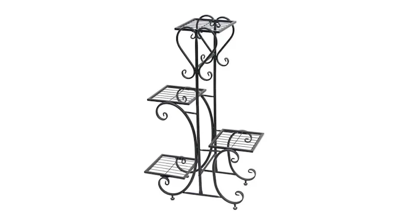 Black 4-tier stainless steel plant stand with decorative curved supports and grid shelves Black 4-tier stainless steel plant stand with decorative curved supports and grid shelves