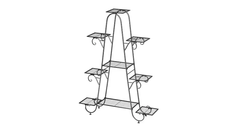 Black 9-tier metal plant stand with an A-frame design, decorative curved supports, and grid shelves Black 9-tier metal plant stand with an A-frame design, decorative curved supports, and grid shelves