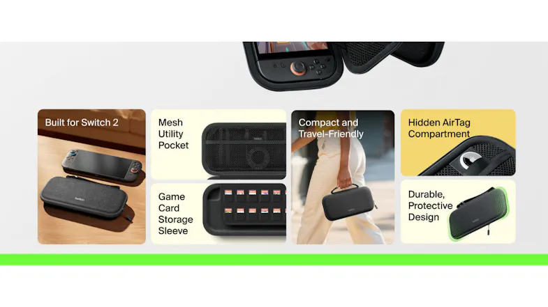 Promotional graphic of a case showcasing storage, design, and compatibility Promotional graphic of a case showcasing storage, design, and compatibility